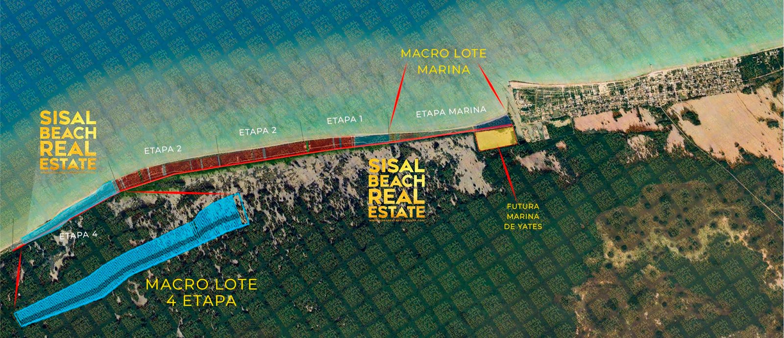 Master plan Paraíso explicado sobre foto satelital de Sisal
