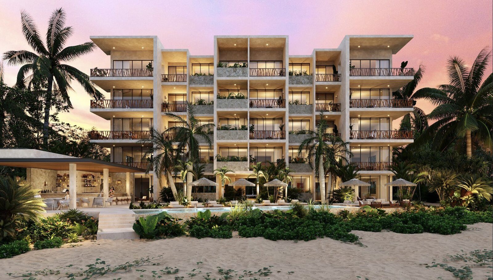 Aepartamentos de lujo frente al mar en Sisal Yucatán, equipados con amenidades estilo resort, opcion: compra o fractional (desde $5,318,305.°°MXN #101B hasta $15,246,780.°°MXN Penthouse #501)