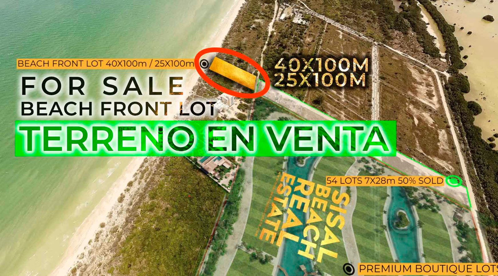 For Sale Beach Front Lot 40x100m (4,000m²) MXN$20,400,000.°° / USD$1,006,562.39 Terreno EN VENTA Sisal Yucatan Mexico